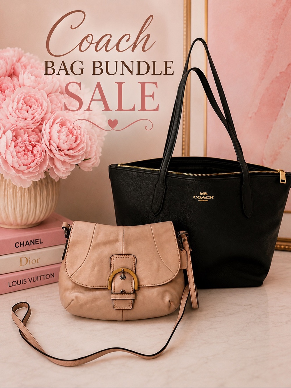 COACH Black Tote Tan Crossbody Bag 2 piece Bundle set EUC
